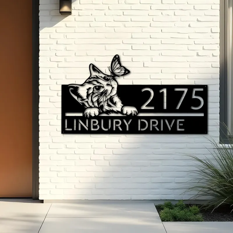 Custom Metal Cat Curious Kitten with butterfly Metal Address Sign, House number, Outdoor Number Signage, Yard Sign Address Plate