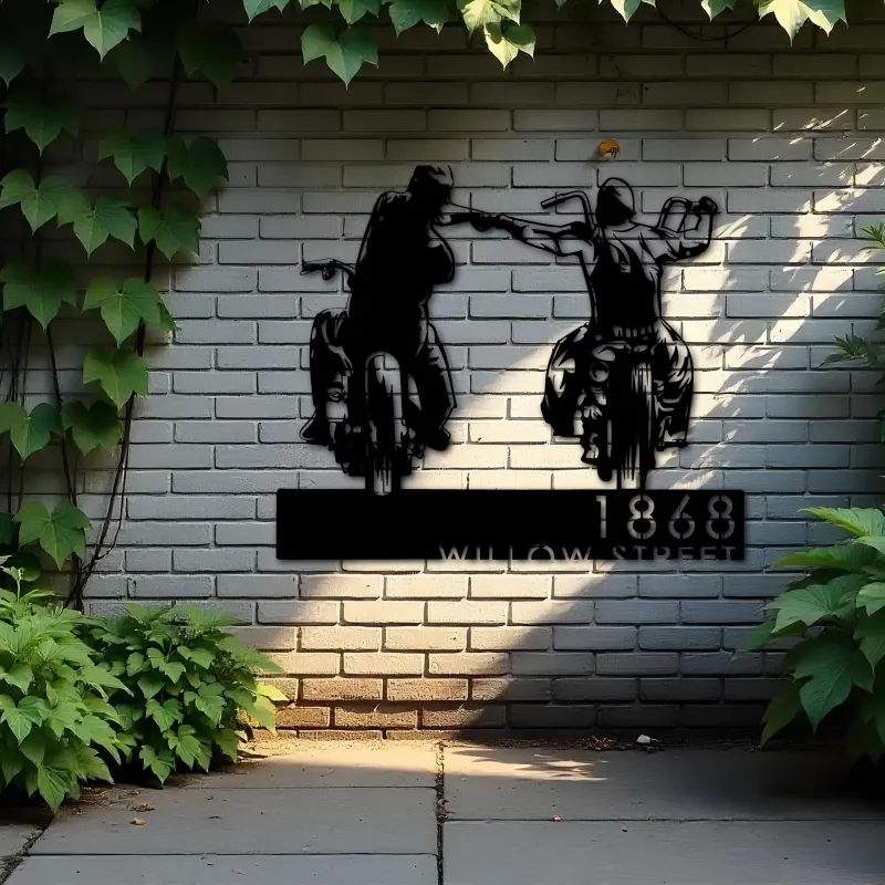 Custom Metal Biker brothers fist bump Motocycle riders Metal Address Sign, House number, Outdoor Number Signage, Yard Sign Address Plate
