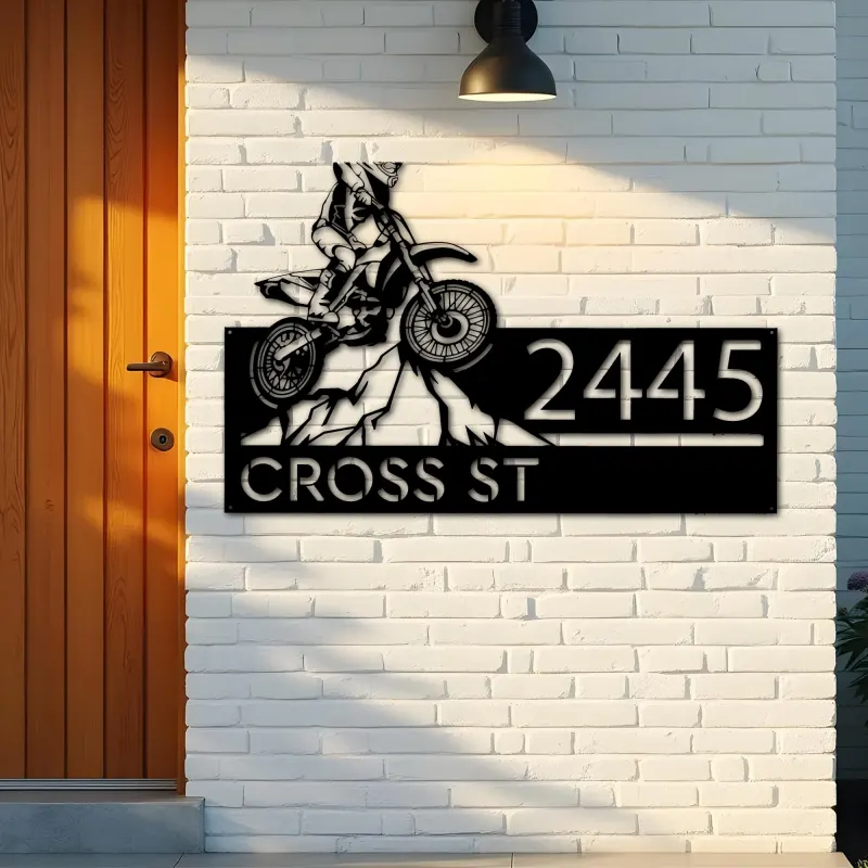 Custom Metal Dirtbike Motocross rider Mountain climbing Metal Address Sign, House number, Outdoor Number Signage, Yard Sign Address Plate