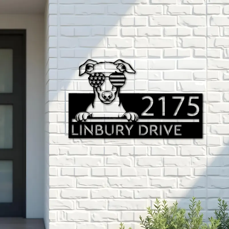 Custom Metal Whippet dog US flag glasses Metal Address Sign House number Hanging Address Plaque Yard Sign Outdoor decor