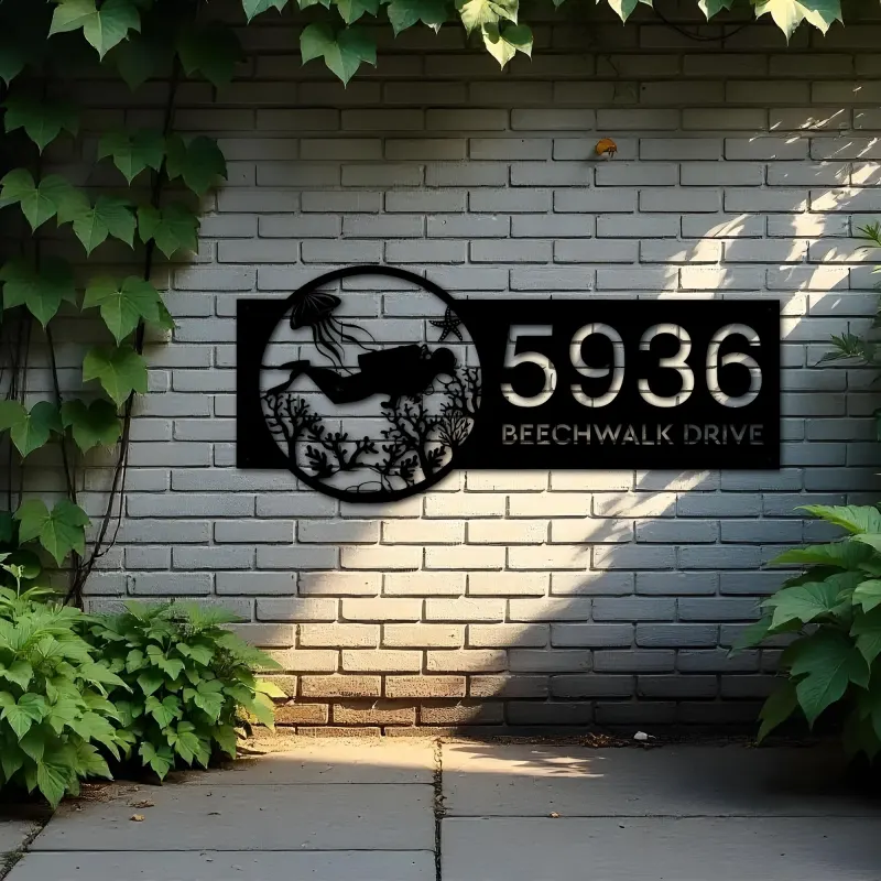 Custom Metal Scuba diving Metal Address Sign, House number, Outdoor Number Signage, Yard Sign Address Plate