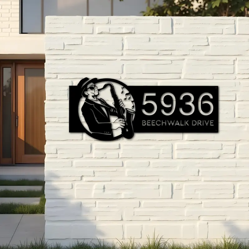 Custom Metal Saxophone player musician Metal Address Sign Custom House number Hanging Address Plaque Yard Sign Outdoor Sign