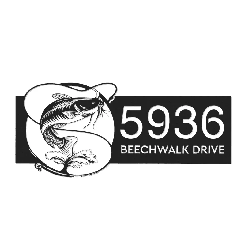 Custom Metal Catfish fishing rod bait hook Metal Address Sign, House number, Outdoor Number Signage, Yard Sign Address Plate