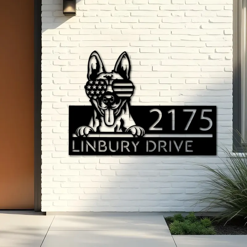 Custom Metal Belgian Malinois dog US glasses Metal Address Sign House number Hanging Address Plaque Yard Sign Outdoor decor