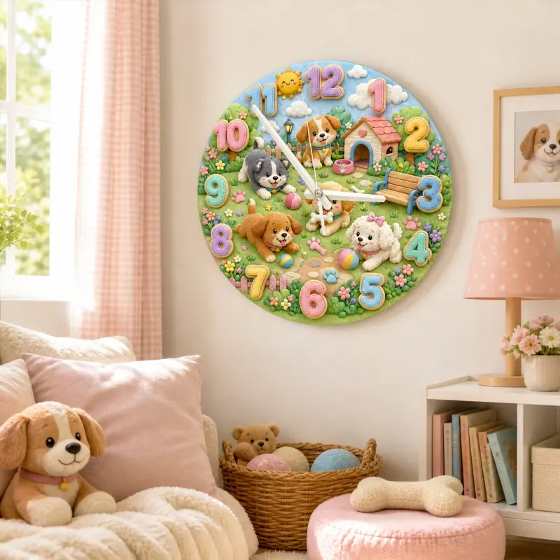 Niedliche Welpen im Park Wanduhr für Kinderzimmer | Pastell Hundethema Dekoration, Geschenk zur Babyparty oder Geburtstag für Kinder (34,5 cm)