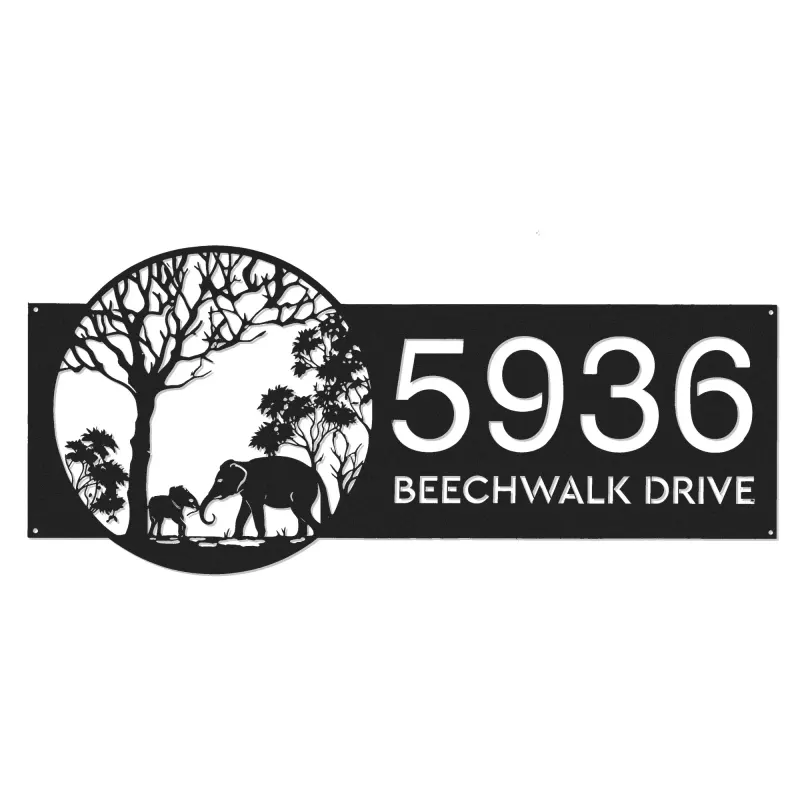 Custom Metal Elephants mother and child in forest Metal Address Sign, House number, Outdoor Number Signage, Yard Sign Address Plate