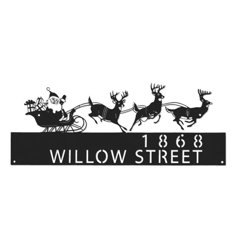 Custom Metal Santa flying in a sleigh with reindeer Metal Address Sign, House number, Outdoor Number Signage, Yard Sign Address Plate