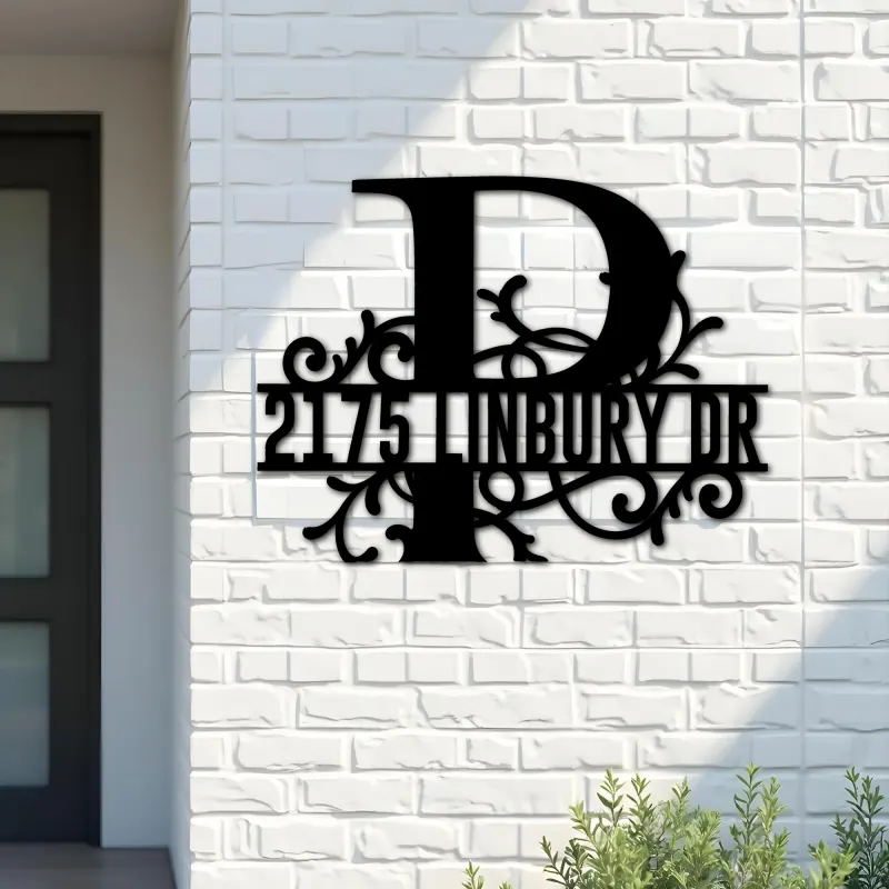 Custom Metal Floral Monogram Split Letter P Metal Address Sign House number Hanging Address Plaque Yard Sign Outdoor decor