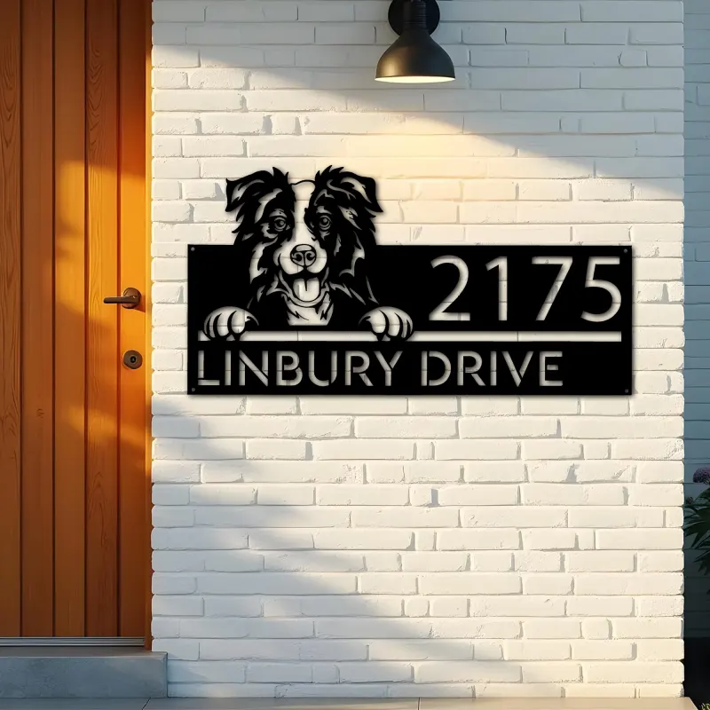 Custom Metal Border Collie dog cute puppy Metal Address Sign House number Hanging Address Plaque Yard Sign Outdoor decor