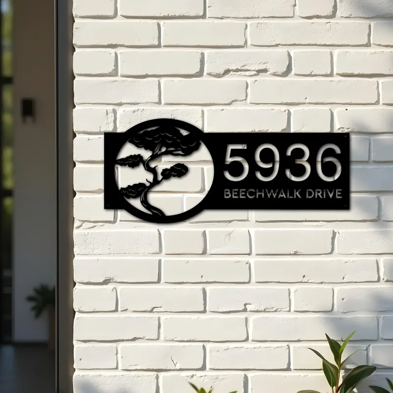 Custom Metal Bonsai tree Metal Address Sign, House number, Outdoor Number Signage, Yard Sign Address Plate