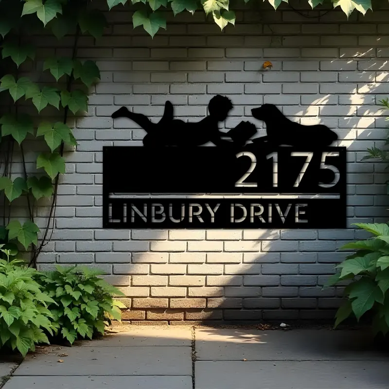 Custom Metal Boy reading book with dog Metal Address Sign, House number, Outdoor Number Signage, Yard Sign Address Plate