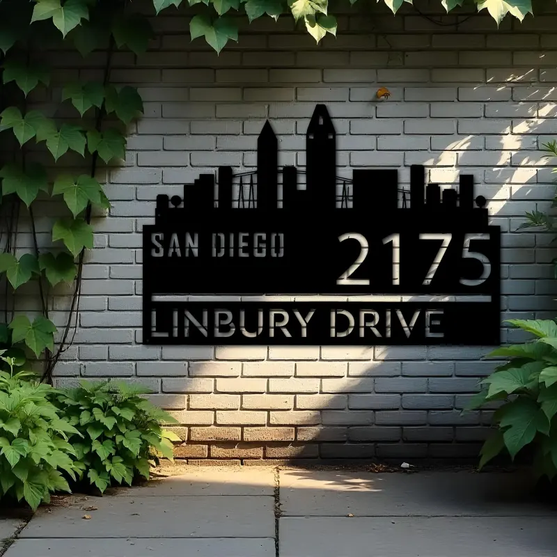 Custom Metal San Diego city skyline Metal Address Sign Hanging Address Plaque house number Yard Outdoor Sign