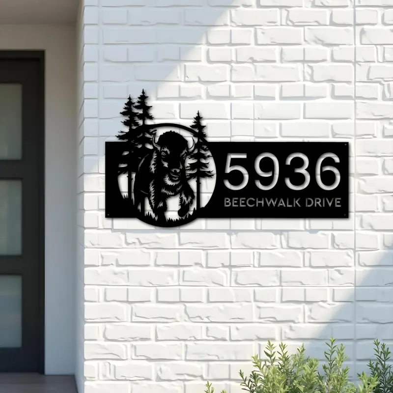 Custom Metal Bison forest wild life Metal Address Sign, House number, Outdoor Number Signage, Yard Sign Address Plate
