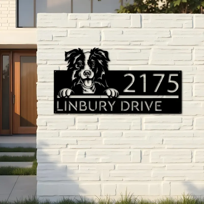 Custom Metal Border Collie dog cute puppy Metal Address Sign House number Hanging Address Plaque Yard Sign Outdoor decor