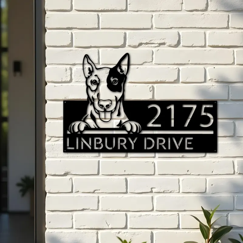 Custom Metal English Bullterrier dog Puppy Metal Address Sign House number Hanging Address Plaque Yard Sign Outdoor decor