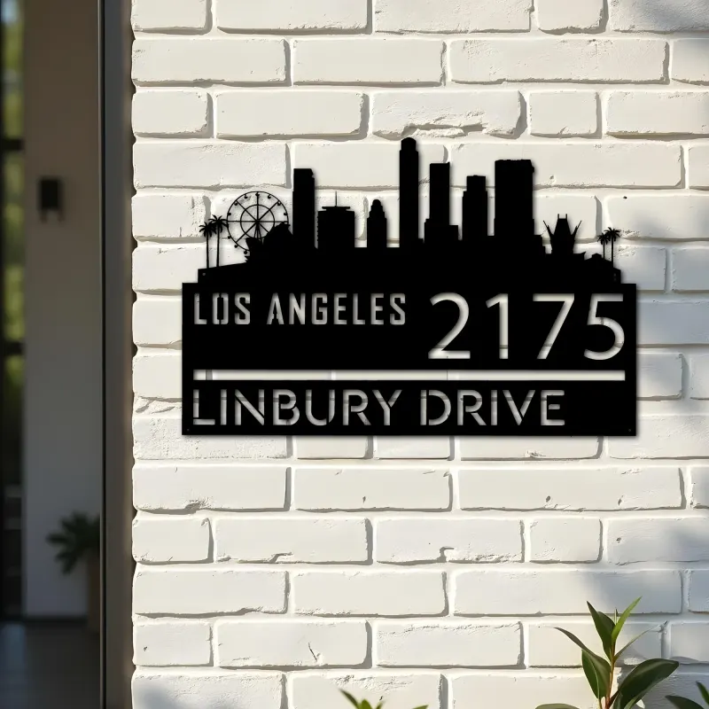 Custom Metal Los Angeles city skyline Metal Address Sign Hanging Address Plaque house number Yard Outdoor Sign