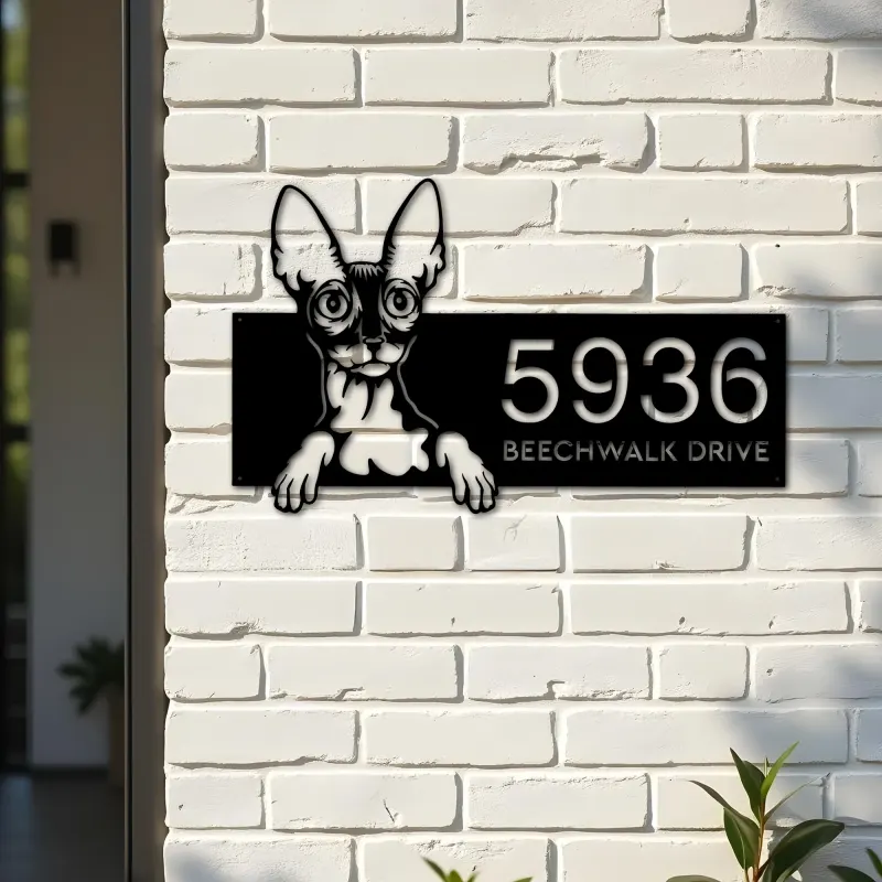 Custom Metal Cornish rex Cute peeking cat kitten Metal Address Sign, House number, Outdoor Number Signage, Yard Sign Address Plate