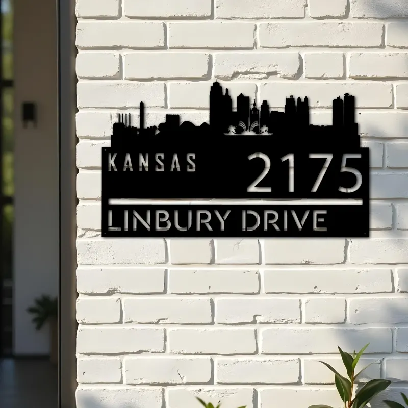 Custom Metal Kansas city skyline Metal Address Sign Hanging Address Plaque house number Yard Outdoor Sign