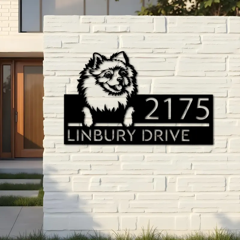 Custom Metal Pomeranian dog Puppy Metal Address Sign House number Hanging Address Plaque Yard Sign Outdoor decor