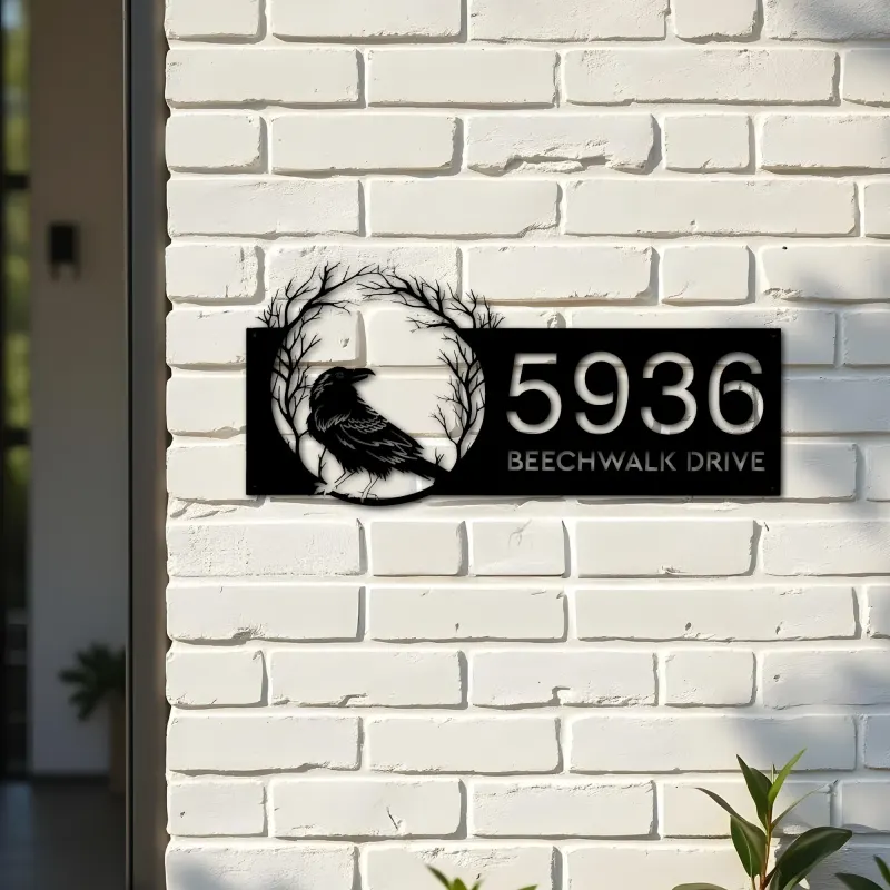Custom Metal Raven Crow Halloween Wreath Metal Address Sign, House number, Outdoor Number Signage, Yard Sign Address Plate