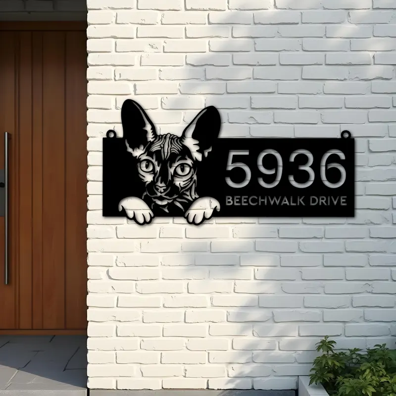 Custom Metal Sphynx Cute peeking cat kitten Metal Address Sign, House number, Outdoor Number Signage, Yard Sign Address Plate
