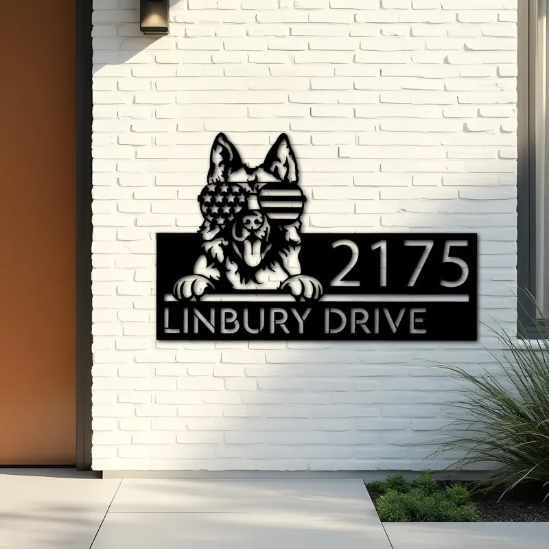 Custom Metal German Shepherd dog US flag glasses Metal Address Sign House number Hanging Address Plaque Yard Sign Outdoor decor