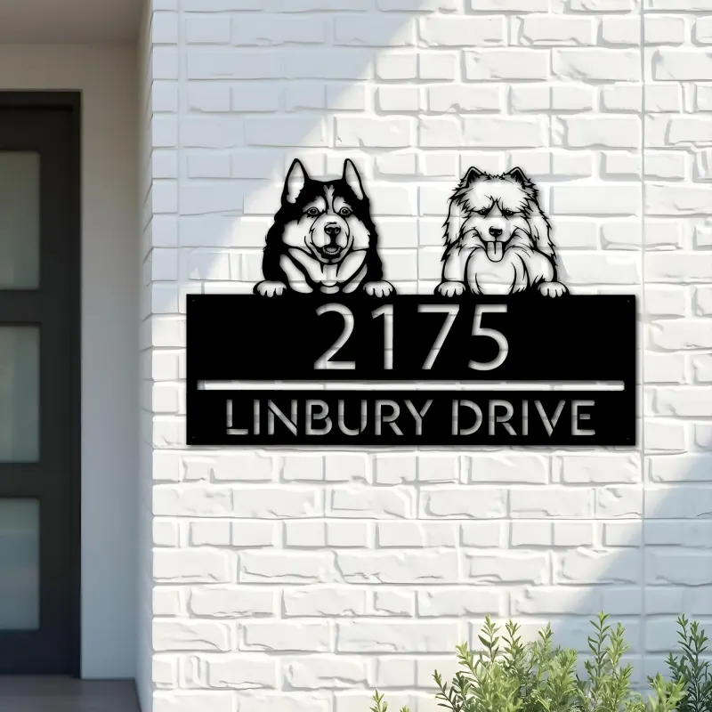 Custom Metal Husky and samoyed dog Puppy Metal Address Sign House number Hanging Address Plaque Yard Sign Outdoor decor