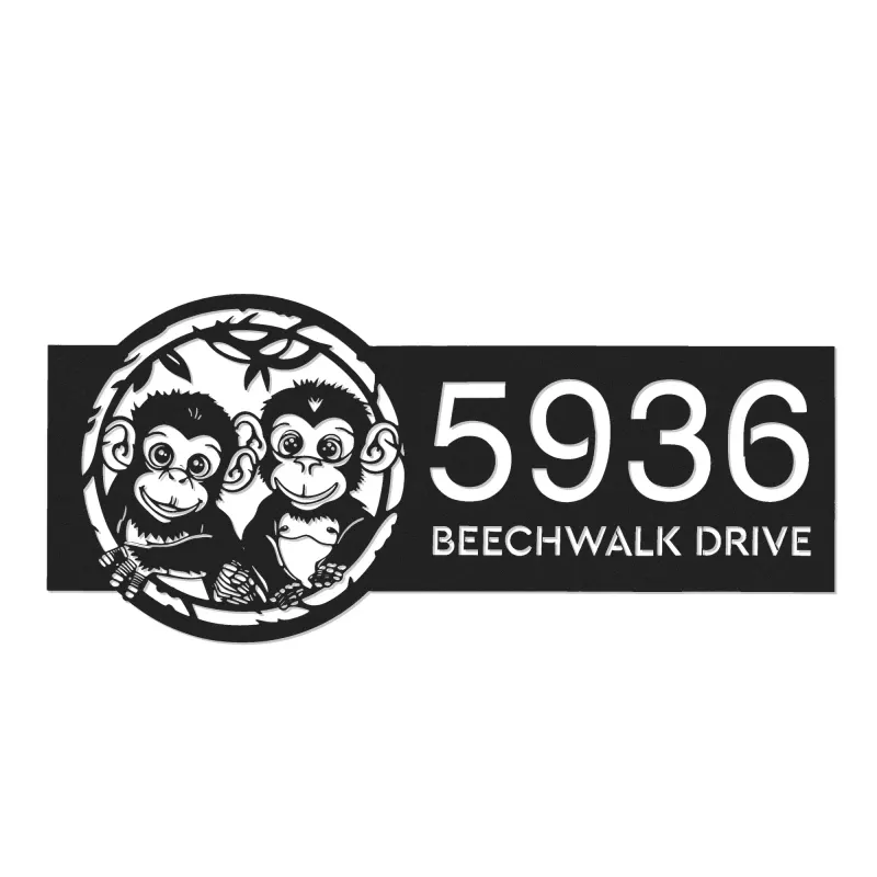 Custom Metal Cute Monkeys Wild animal wildlife Metal Address Sign, House number, Outdoor Number Signage, Yard Sign Address Plate