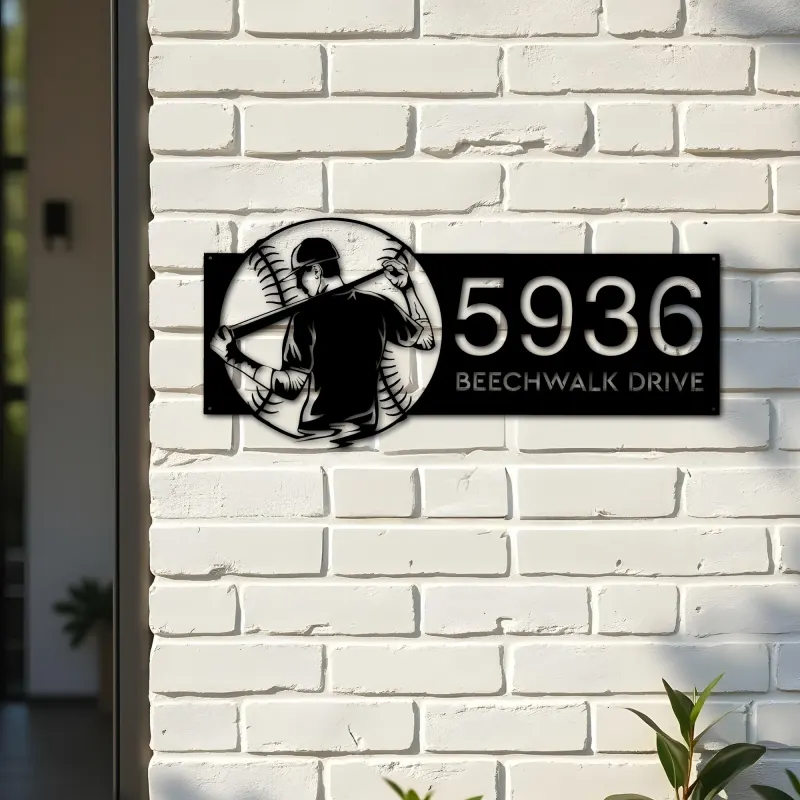 Custom Metal Baseball player Sport Metal Address Sign, House number, Outdoor Number Signage, Yard Sign Address Plate001