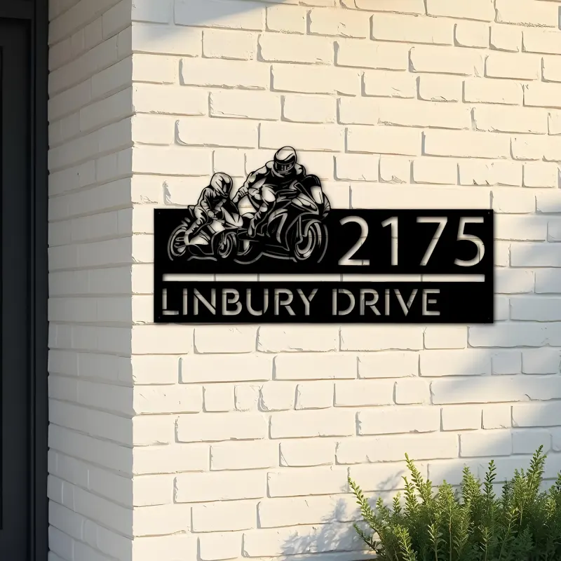 Custom Metal Father and son biker Metal Address Sign, House number, Outdoor Number Signage, Yard Sign Address Plate