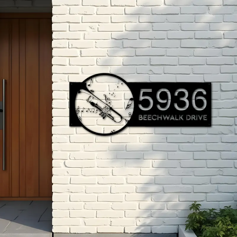 Custom Metal Trumpet musical instrument Metal Address Sign Custom House number Hanging Address Plaque Yard Sign Outdoor Sign