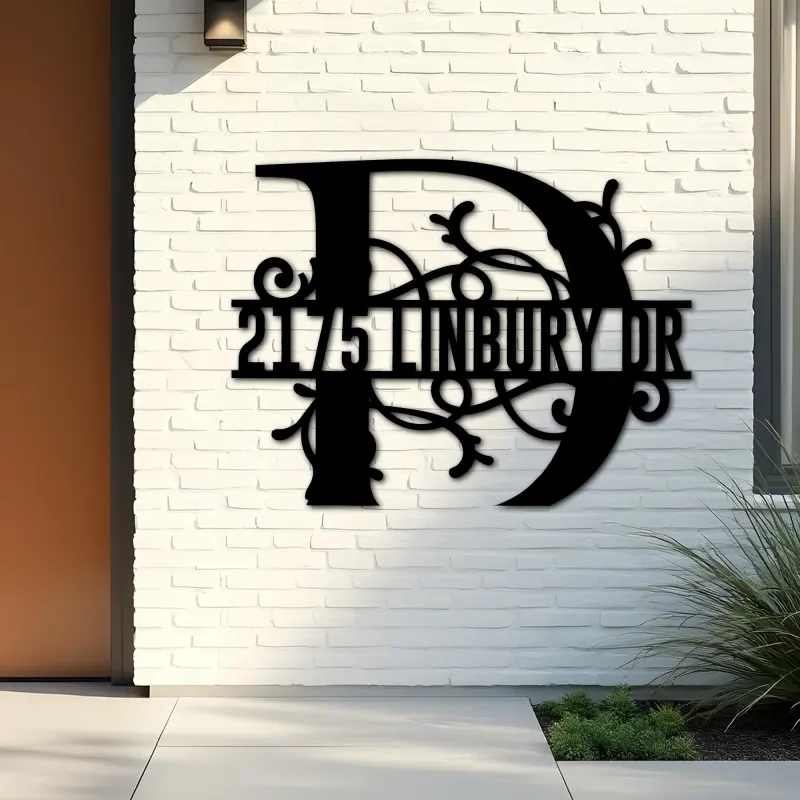 Custom Metal Floral Monogram Split Letter D Metal Address Sign House number Hanging Address Plaque Yard Sign Outdoor decor