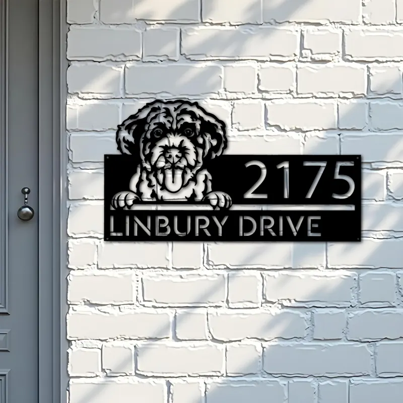 Custom Metal Portuguese Water Dog Cute puppy Metal Address Sign House number Hanging Address Plaque Yard Sign Outdoor decor