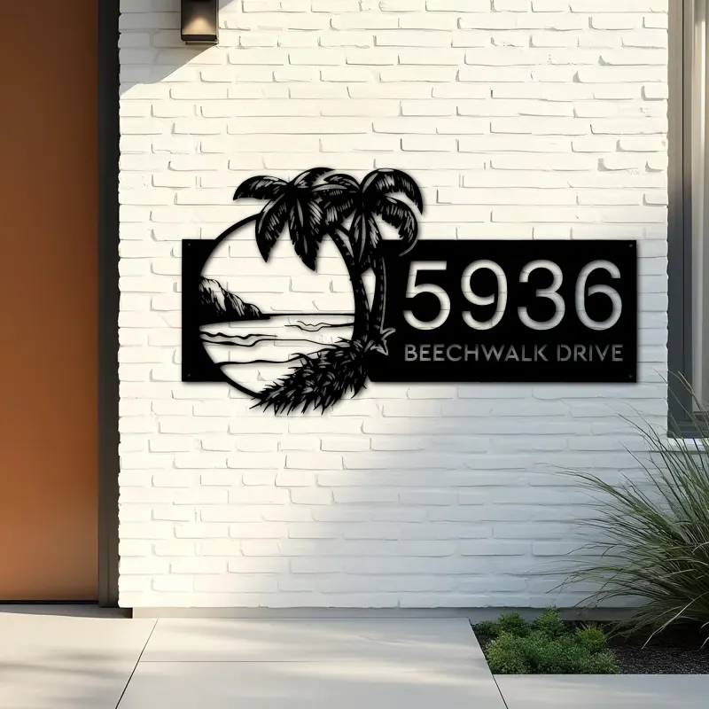 Custom Metal Island Beach Scene Palm Tree Metal Address Sign, House number, Outdoor Number Signage, Yard Sign Address Plate