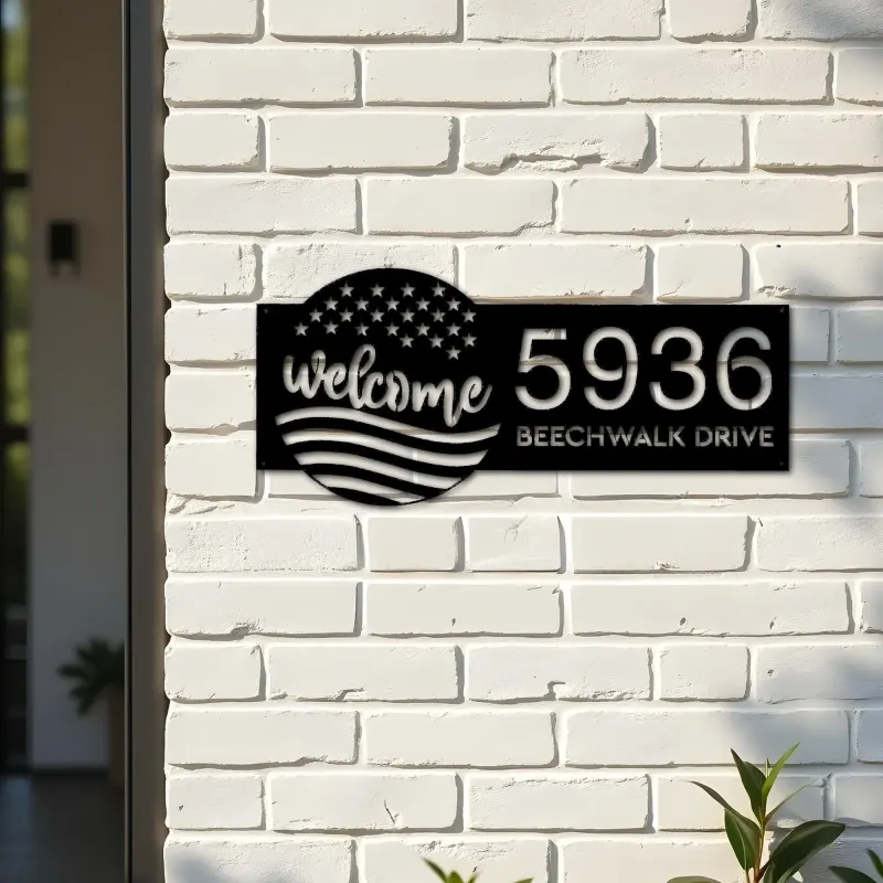 Custom Metal Welcome US flag 4th of July Metal Address Sign House number Hanging Address Plaque Yard Sign Outdoor decor
