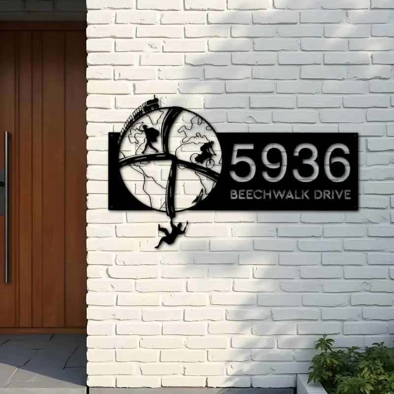 Custom Metal World traveling adventure Address Sign House number Hanging Address Plaque Yard Sign Outdoor Sign