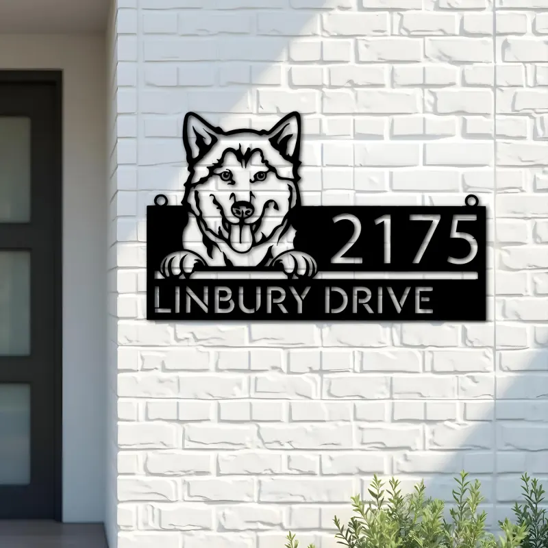 Custom Metal Husky dog Cute puppy Metal Address Sign House number Hanging Address Plaque Yard Sign Outdoor decor