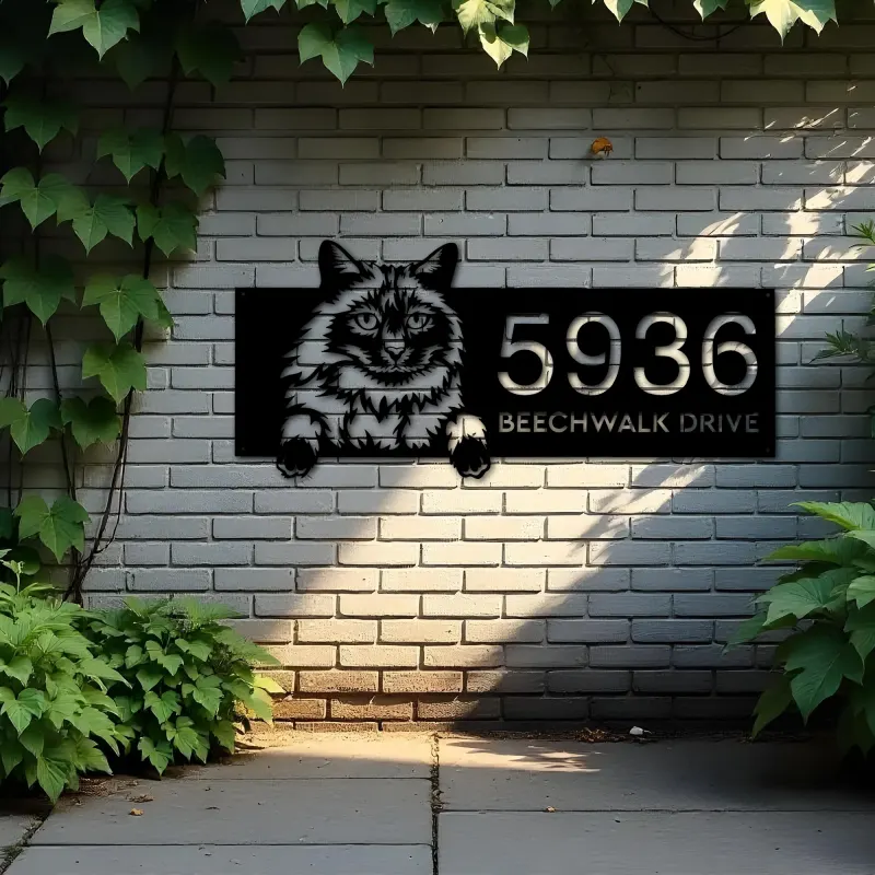 Custom Metal Balinese Cute peeking cat kitten Metal Address Sign, House number, Outdoor Number Signage, Yard Sign Address Plate