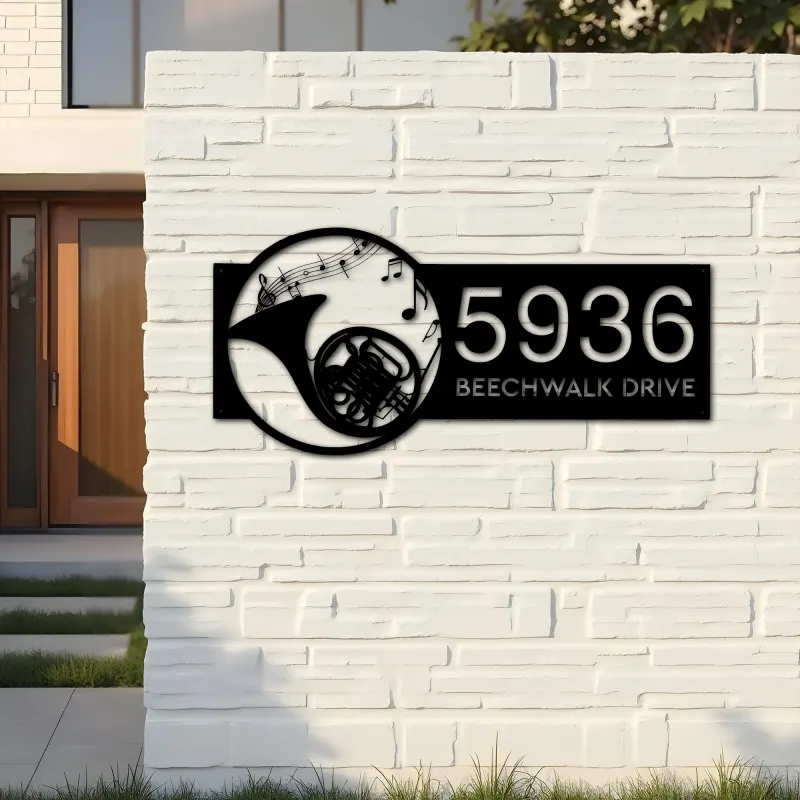Custom Metal French horn musical instrument Metal Address Sign Custom House number Hanging Address Plaque Yard Sign Outdoor