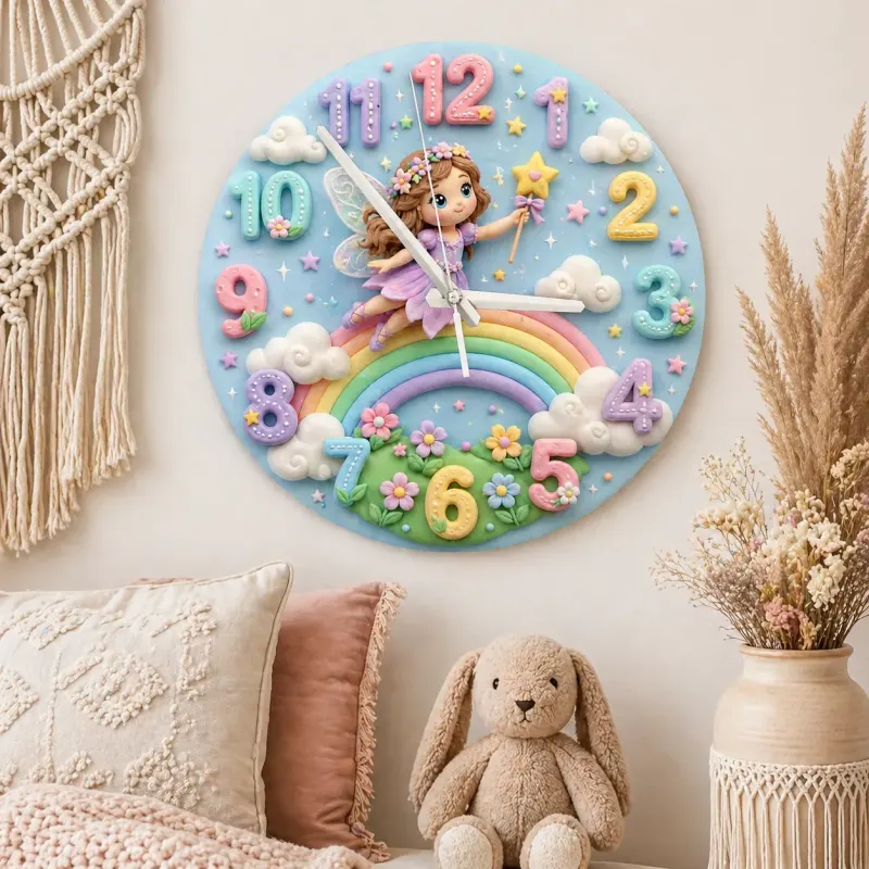 Pastel Fairy and Rainbow Kids Room Wall Clock
