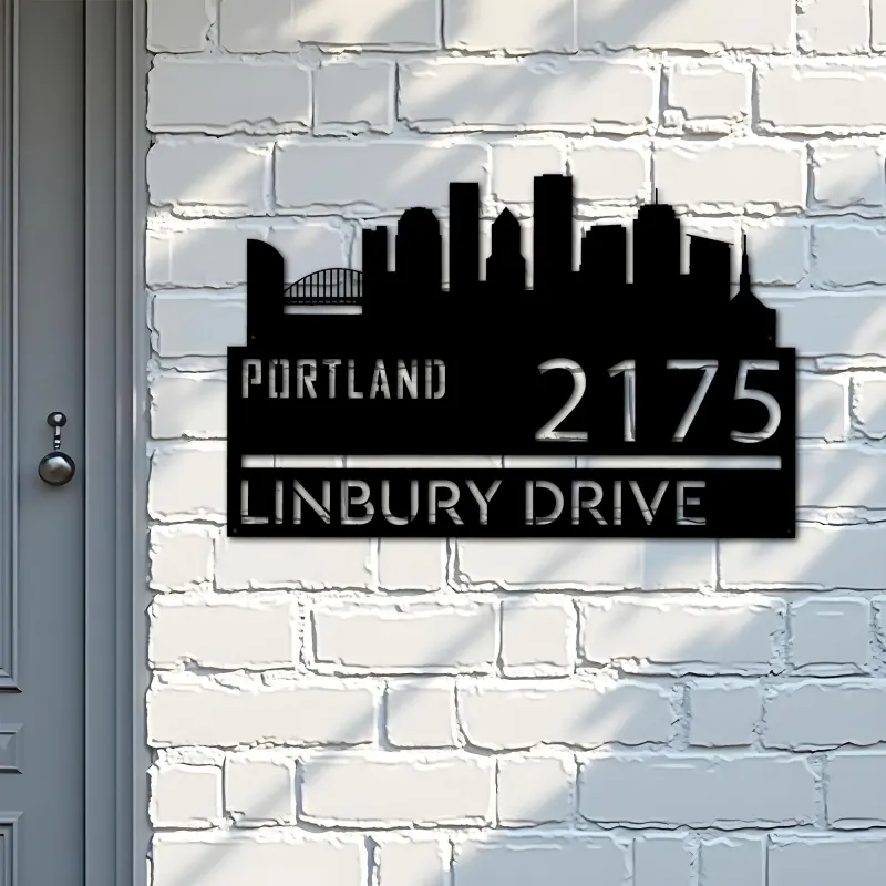 Custom Metal Portland city skyline Metal Address Sign Hanging Address Plaque house number Yard Outdoor Sign