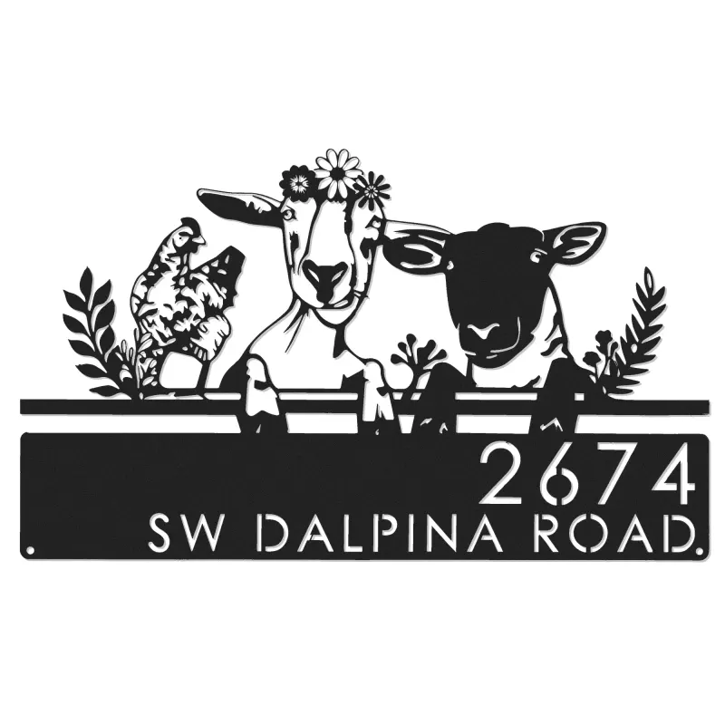 Custom Metal Goat sheep chicken farmhouse farm animals Metal Address Sign, House number, Outdoor Number Signage, Yard Sign Address Plate
