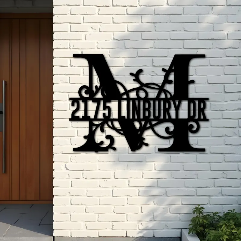 Custom Metal Floral Monogram Split Letter M Metal Address Sign House number Hanging Address Plaque Yard Sign Outdoor decor