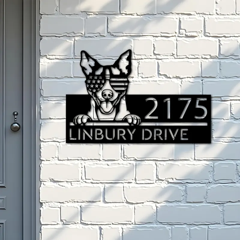 Custom Metal Rat terrier dog US flag glasses Metal Address Sign House number Hanging Address Plaque Yard Sign Outdoor decor