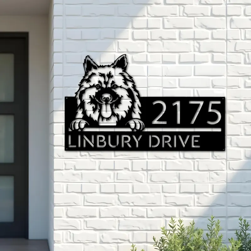 Custom Metal Keeshond dog Cute puppy Metal Address Sign House number Hanging Address Plaque Yard Sign Outdoor decor