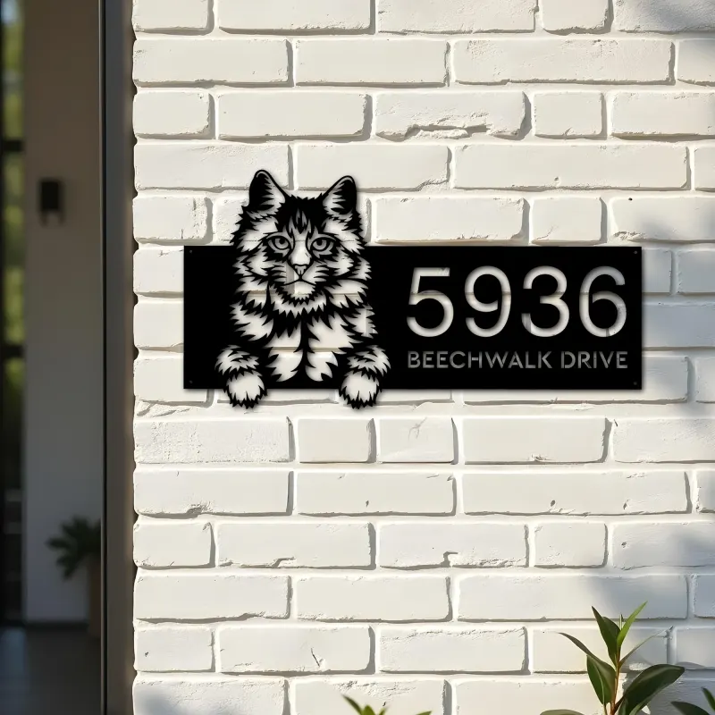 Custom Metal Main coon Cute peeking cat kitten Metal Address Sign, House number, Outdoor Number Signage, Yard Sign Address Plate