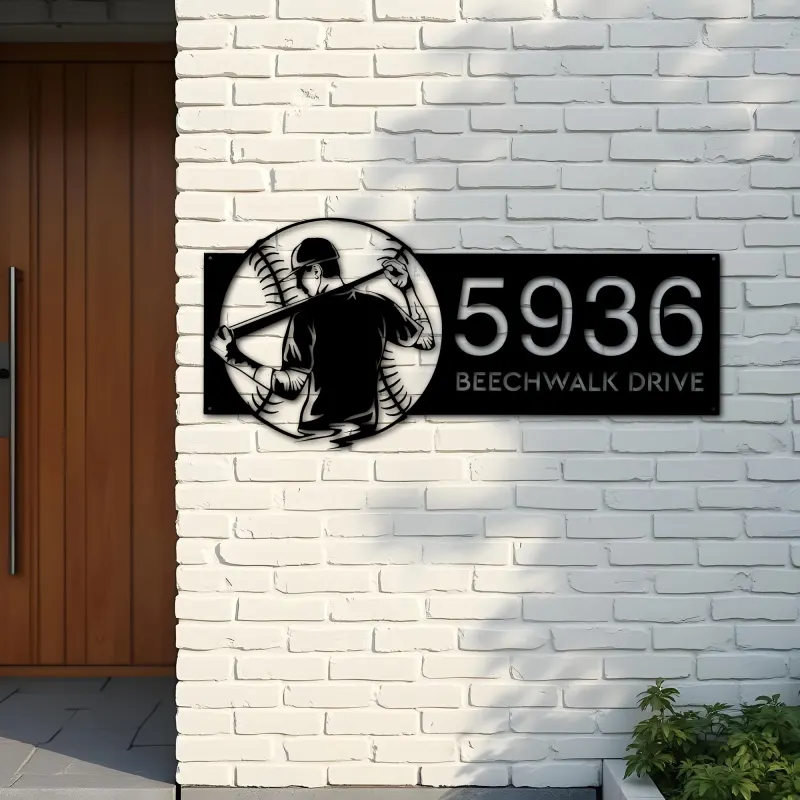 Custom Metal Baseball player Sport Metal Address Sign, House number, Outdoor Number Signage, Yard Sign Address Plate001