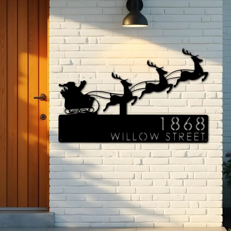 Custom Metal Santa claus Christmas Reindeer sleigh Metal Address Sign, House number, Outdoor Number Signage, Yard Sign Address Plate