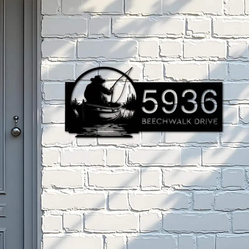 Custom Metal Fisherman in boat fishing Metal Address Sign, House number, Outdoor Number Signage, Yard Sign Address Plate