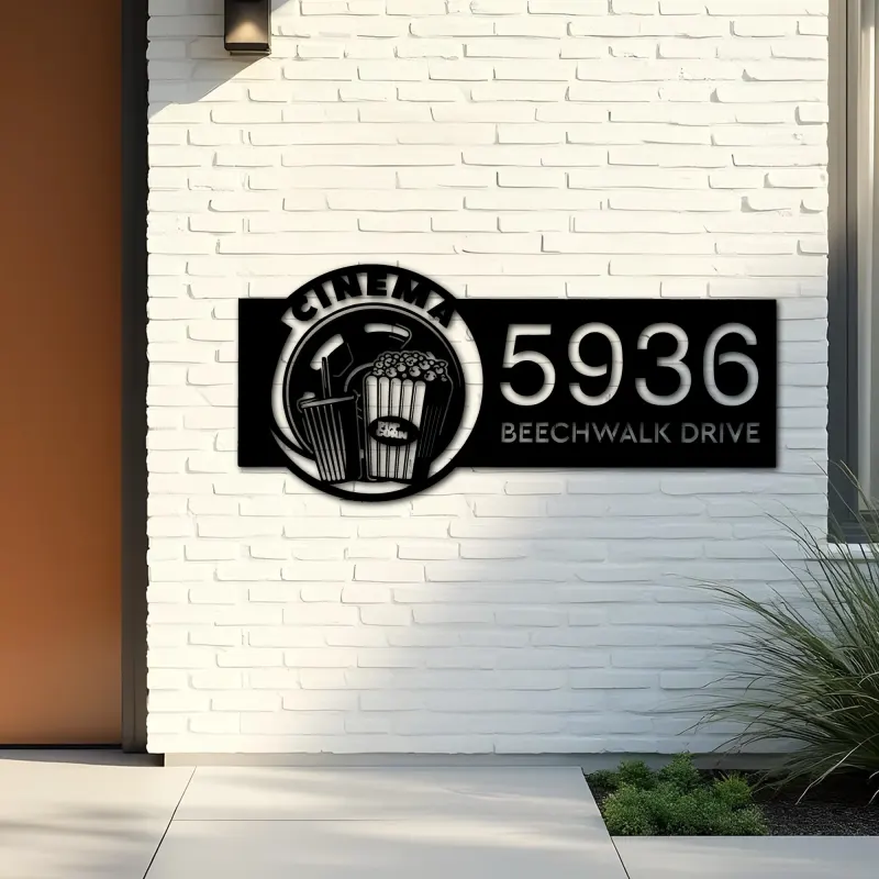 Custom Metal Cinema popcorn movie lover Metal Address Sign Custom House number Hanging Address Plaque Yard Sign Outdoor